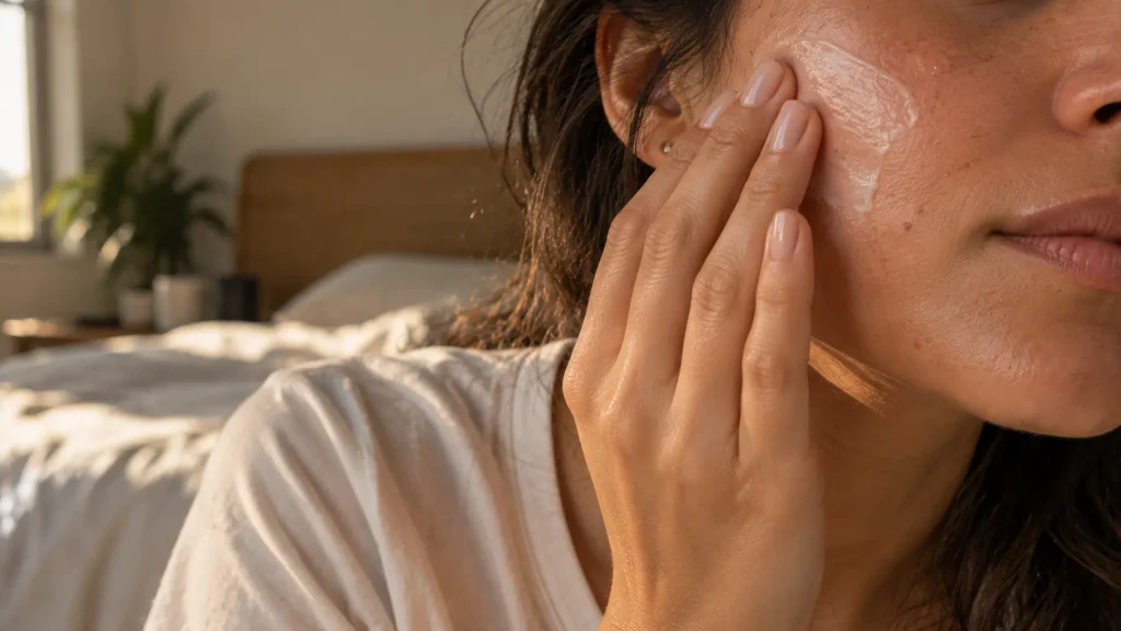 Aplicacion-suave-de-crema-facial-sobre-piel-con-marcas-de-acne