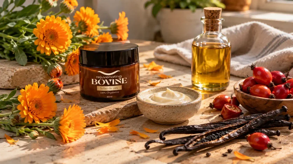 Ingredientes naturales de una crema de sebo de res con caléndula y rosa mosqueta