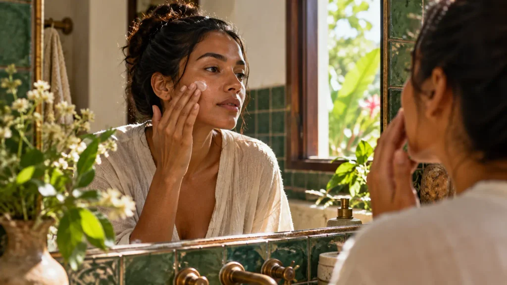 Mujer aplicando crema de sebo de res como parte de su rutina facial