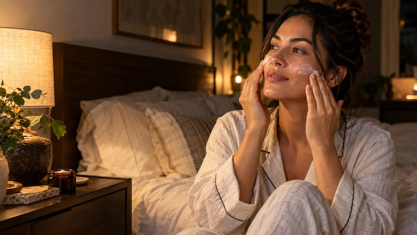Mujer aplicando crema de sebo de res sobre piel seca durante su rutina nocturna