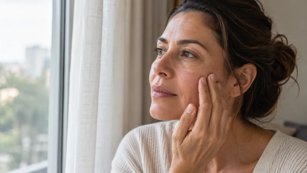 Mujer observando la textura natural de su piel seca frente a una ventana