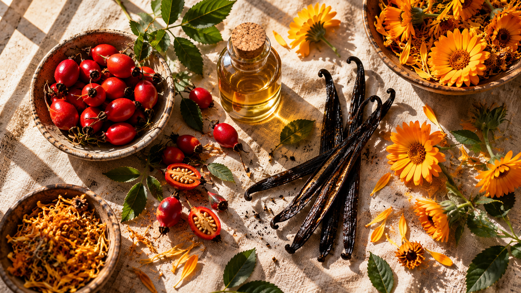 Rosa mosqueta, vainilla y caléndula en una fórmula de cosmética natural
