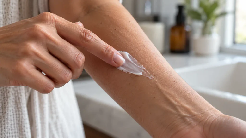 Textura real de la piel y aplicación de una crema emoliente de sebo de res